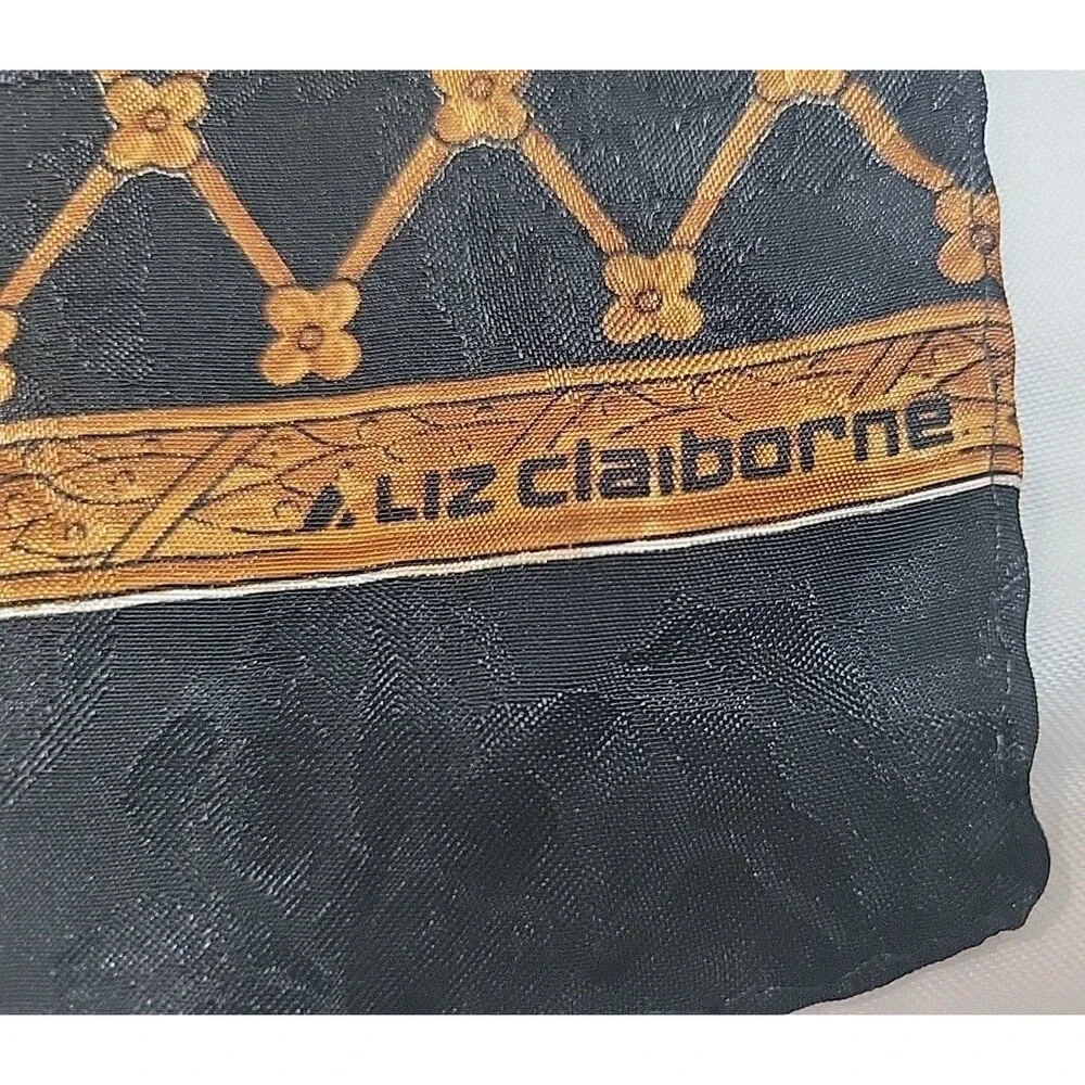Vintage Liz Claiborne Silk Scarf Oblong Black Gold Baroque Floral Lattice Long